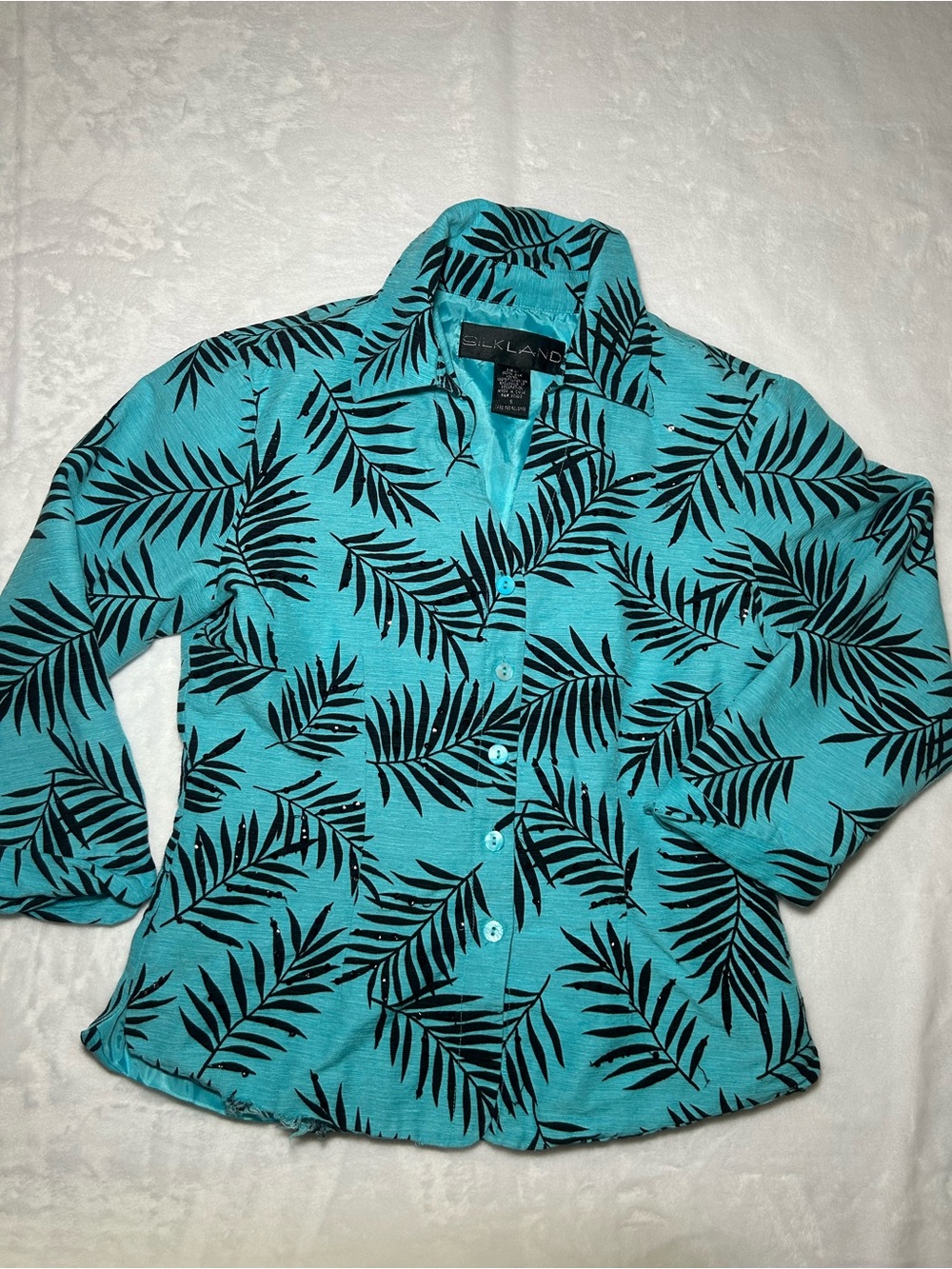 Sixland Teal Palm Print Button-Up Shirt Small Resort Vacation Alhoa 100% Silk